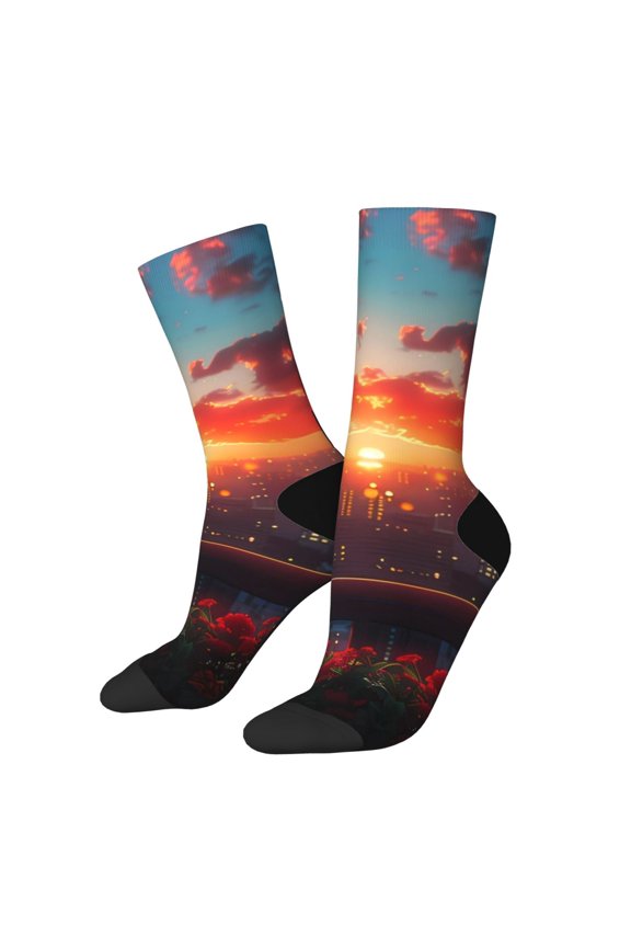 Cat Watching City Sunset for Women Casual Calf Socks - Cute Crew Socks - Thin Soft Above Ankle Socks Size 5-11
