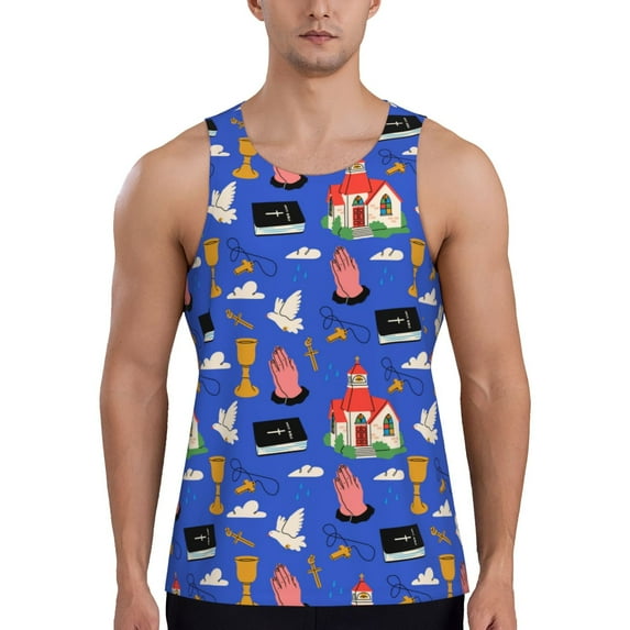 Rateoe Catholic religious Pattern Sleeveless Gym Shirt Muscle Tee Breathable Workout Shirt Slim-Fit Tank Quick Dry Fit Muscle Tank Top Bodybuilding Sleeveless T Shirt-