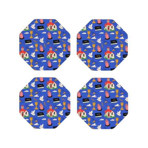 Rateoe Catholic religious Printed Drink Coasters Set of 4 Leather Coasters Spill Protection for Table Desk,Durable and Non Slip Leather Coaster ,4 Inches Drink Mats-Octagon