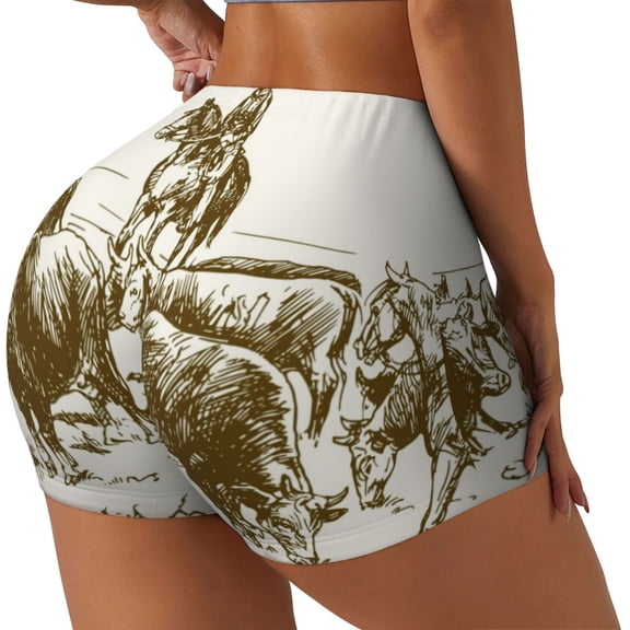 Rateoe Cattle Drive By Two Cowboys Printed Power Workout Shorts for Women Tummy Control Squat Proof Ribbed Thick Seamless Scrunch Active Short-XX-Large