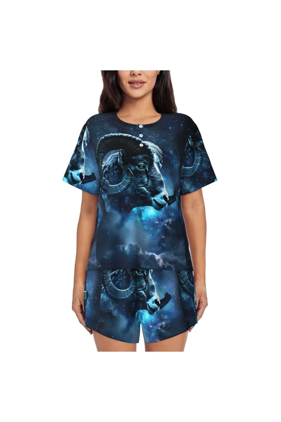 Celestial Ram Night Sky for 2 Piece Short Sleeves Pajama Sets Casual Lounge Sleepwear Ladies Pjs Sets with Pocket-Medium
