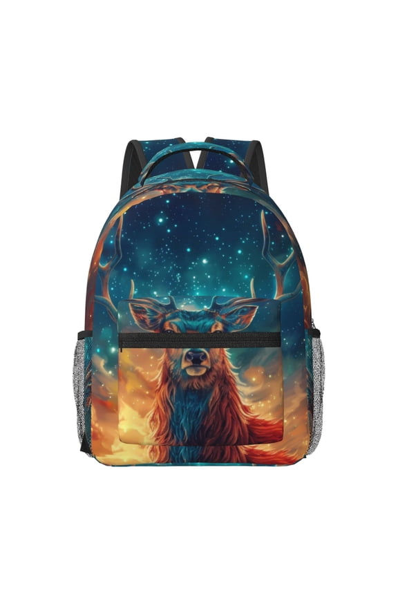 Celestial Stag Cosmic Glow Pattern Durable Student Backpack Laptop Bag- Ergonomic Design, Waterproof Twill Fabric - Ideal for School, Travel, and Outdoor Activities-One Size