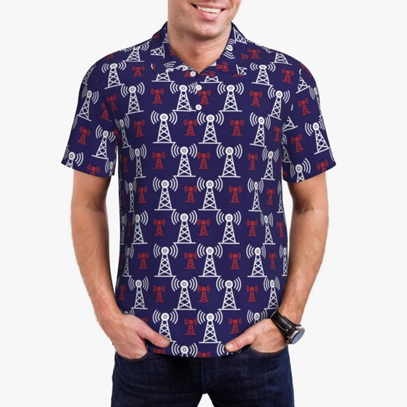 Rateoe Cell Tower Pattern Men's Short Sleeve Polo Shirts, Golf Polo Shirts Short Sleeve Performance Moisture Wicking Dry-XX-Large
