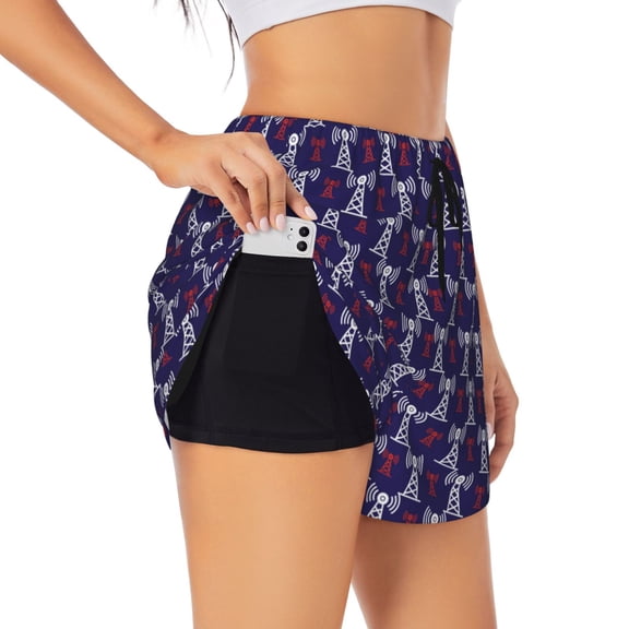 Rateoe Cell Tower Printed 2 in 1 Women's Workout Shorts for Athletic Gym Running Shorts with Phone Pockets-Small