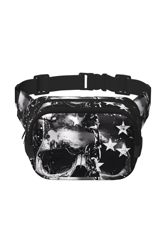 Chained Skull Artwork Print Fanny Pack Belt Bag for Women and Men, Square Double-Layer Waterproof Waist Pack with Adjustable Strap for Hiking, Jogging, Cycling