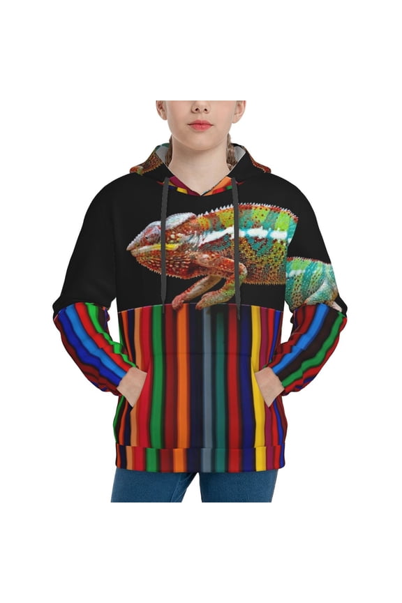 Chameleon Panther On Colored Pencils Pattern Boys Hoodie, Youth Pullover Hooded Sweatshirt, Kangaroo Pocket Hoodie for Kids-Large