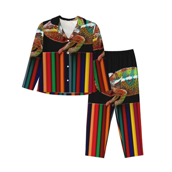 Rateoe Chameleon Panther On Colored Pencils Pattern Womens Pajamas Set Long Sleeve Sleepwear Button Down Nightwear Soft Cotton Pj Lounge Sets-XX-Large