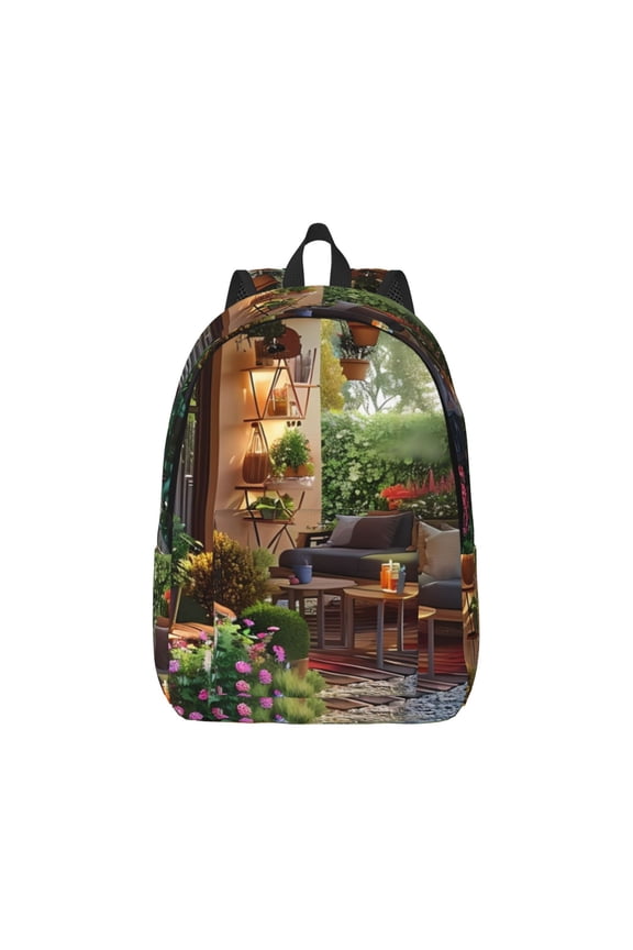 Charming Garden Patio Pattern Canvas College Laptop Backpack,Travel Daypack,Durable Rucksack Travel Notebook Bag School Backpack Book Bag for Men Women-Small