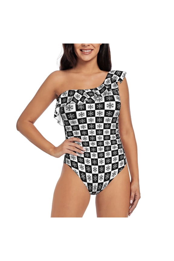 Checkerboard With Snowflake 1 Pattern Women One Piece Swimsuits Tummy Control One Shoulder Bathing Suits Ruffle Swimwear-