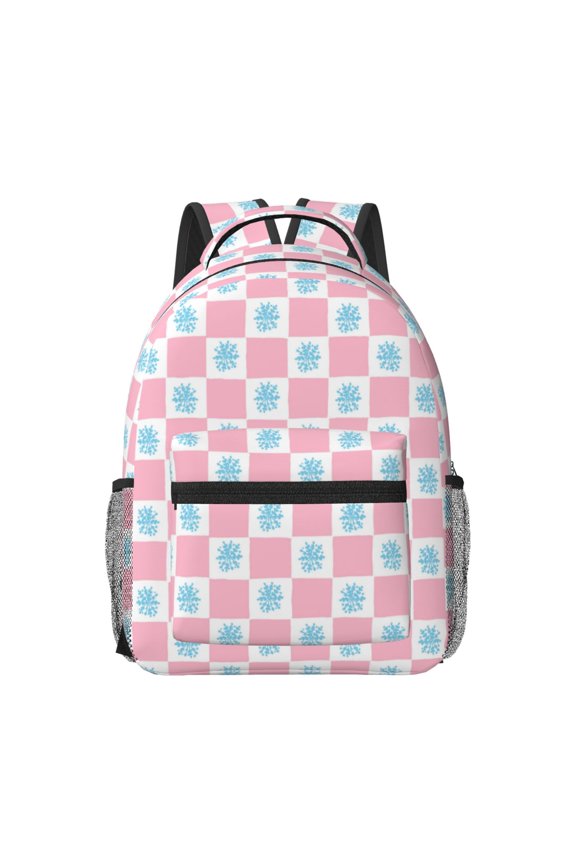 Checkerboard With Snowflake Pattern Durable Student Backpack Laptop Bag- Ergonomic Design, Waterproof Twill Fabric - Ideal for School, Travel, and Outdoor Activities-One Size