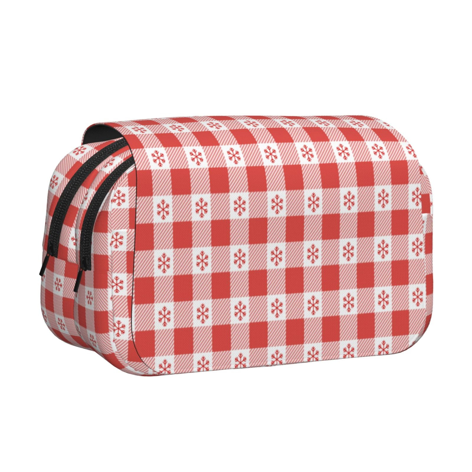 Rateoe Checkered Christmas With Snowflakes Pattern Double Clamshell Pen Case, Storage Organizer with Two Zipper Compartments– Holds Up to 50 Pencils & Pens
