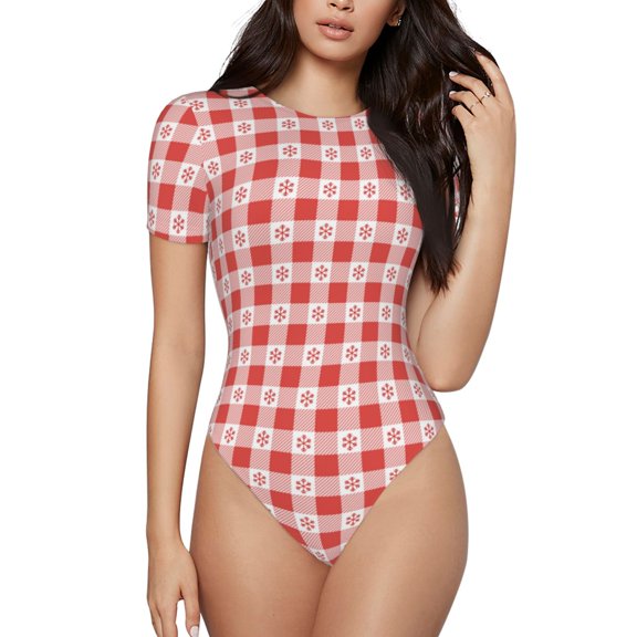 Rateoe Checkered Christmas With Snowflakes Printed Women Rash Guard Short Sleeve,Tummy control Swimsuit Surfing Swimsuit Bathing Suit Short-sleeved Onesie UPF 50+ -X-Large