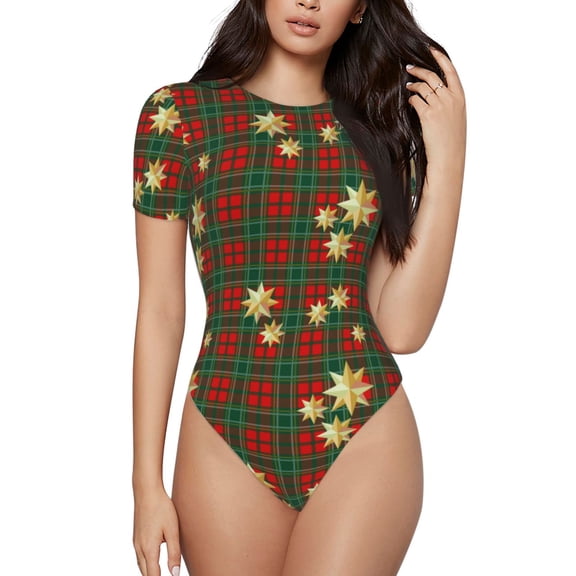 Rateoe Checkered With Golden Stars Printed Women Rash Guard Short Sleeve,Tummy control Swimsuit Surfing Swimsuit Bathing Suit Short-sleeved Onesie UPF 50+ -