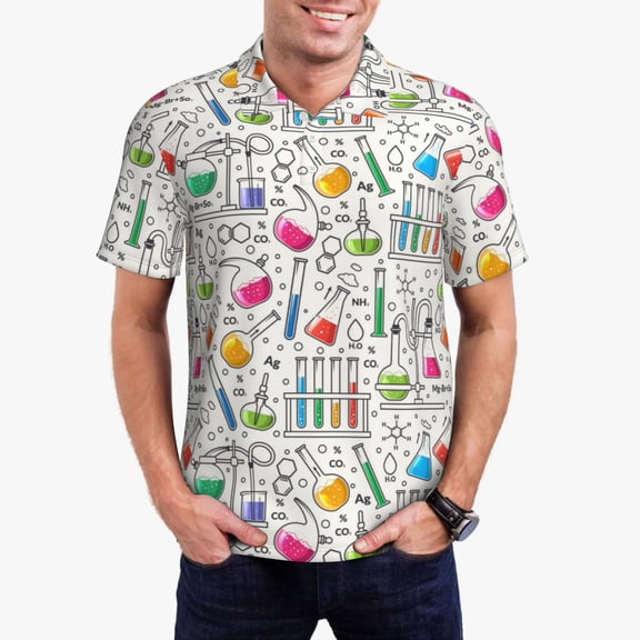 Rateoe Chemical Flasks And Test Tubes Pattern Men's Short Sleeve Polo Shirts, Golf Polo Shirts Short Sleeve Performance Moisture Wicking Dry-Small