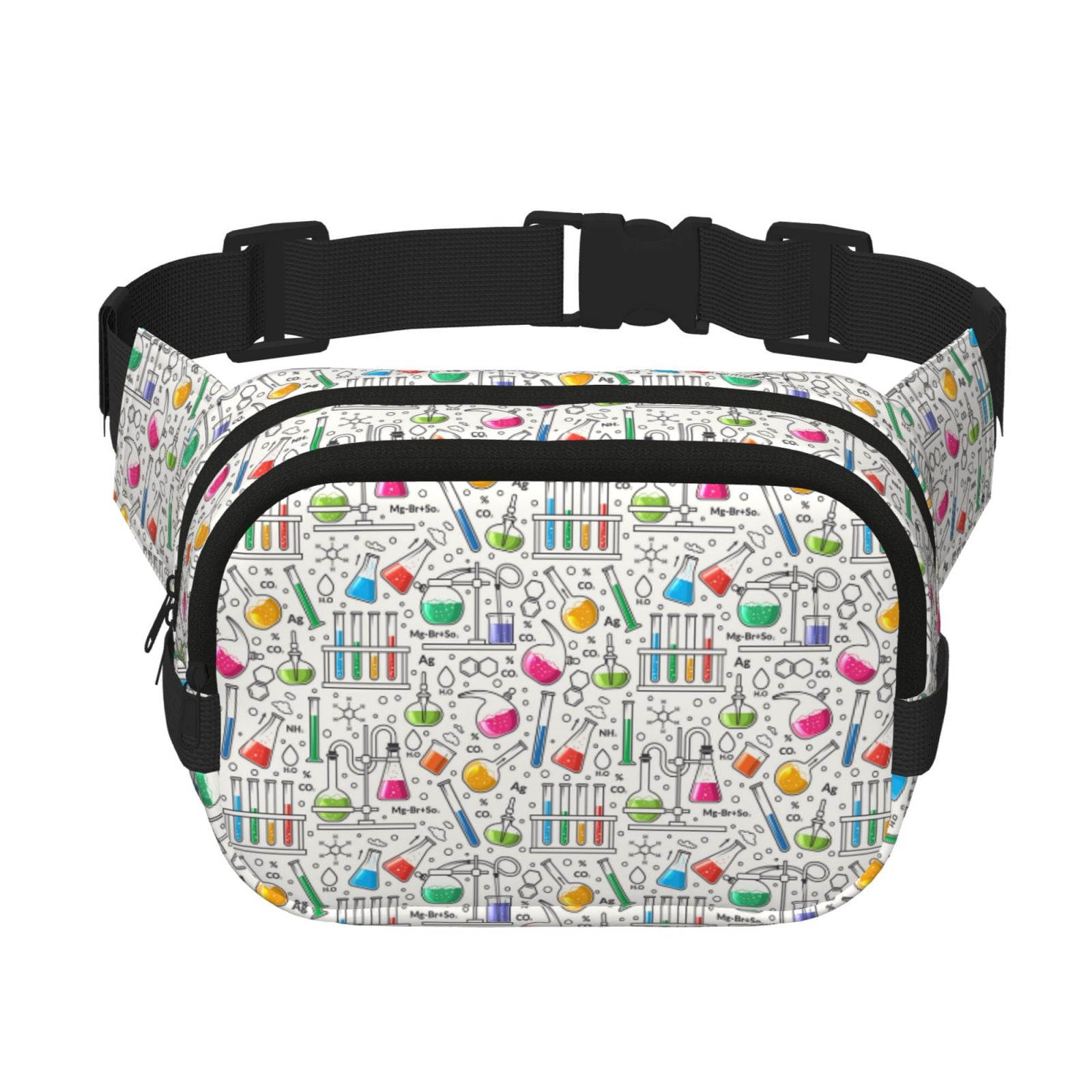 Rateoe Chemical Flasks And Test Tubes Print Fanny Pack Belt Bag for Women and Men, Square Double-Layer Waterproof Waist Pack with Adjustable Strap for Hiking, Jogging, Cycling