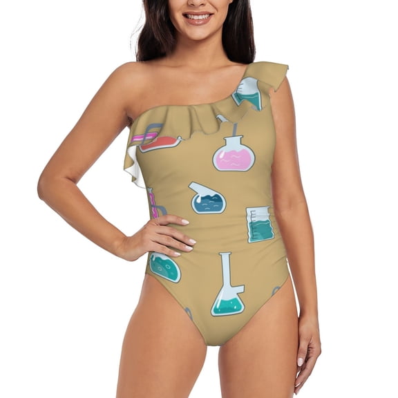 Rateoe Chemistry Class Pattern Women One Piece Swimsuits Tummy Control One Shoulder Bathing Suits Ruffle Swimwear-