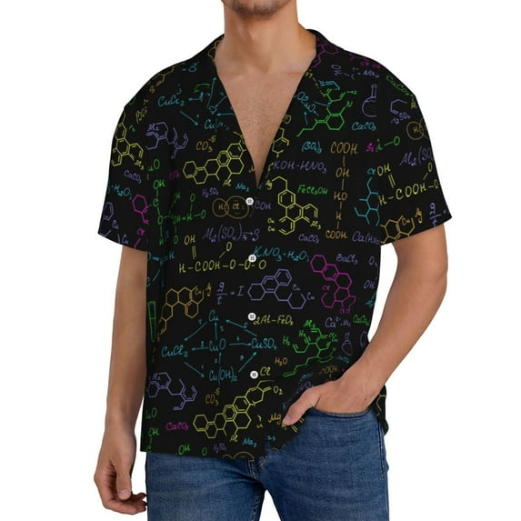 Rateoe Chemistry Formulas Pattern Men's Short Sleeve Classic Shirt, Casual Short-Sleeved Shirt, Lightweight Summer Shirt, Cuban Collar Shirt,Button-Front Shirt-Small