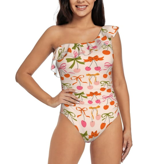 Rateoe Cherries And Bows Pattern Women One Piece Swimsuits Tummy Control One Shoulder Bathing Suits Ruffle Swimwear-X-Large