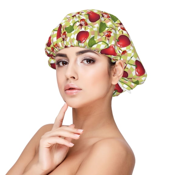 Rateoe Cherries and Ladybirds Pattern Silk Satin Hair Bonnet for Sleeping, Adjustable Sleep Cap Turban for Women , Curly Straight Hair Long Large Braid