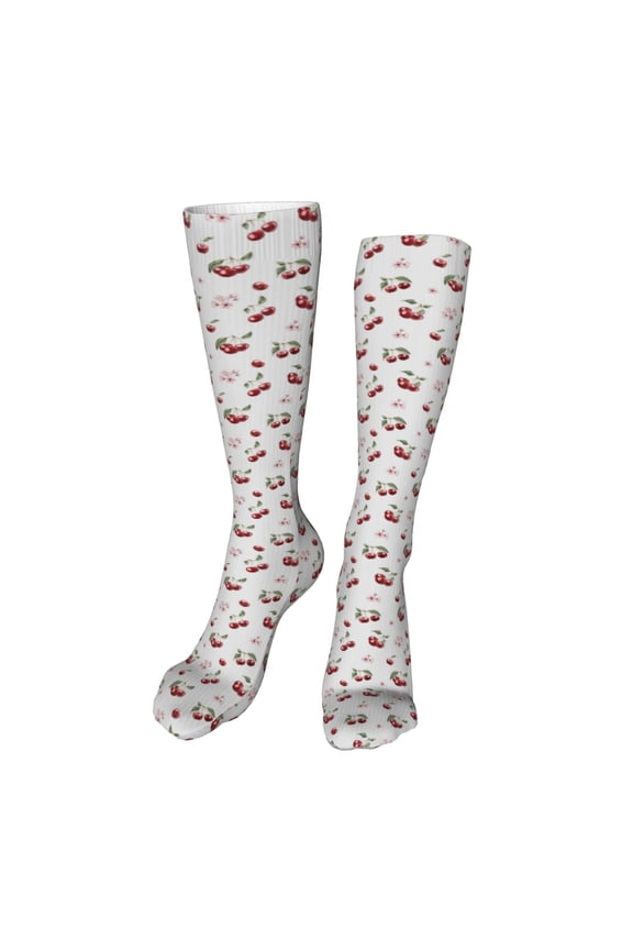 Cherry Berries print Women's Men's Novelty 20in Crew Socks Cotton Socks Knee High Socks for Walking,Running,Nurses,Pregnancy-One Size
