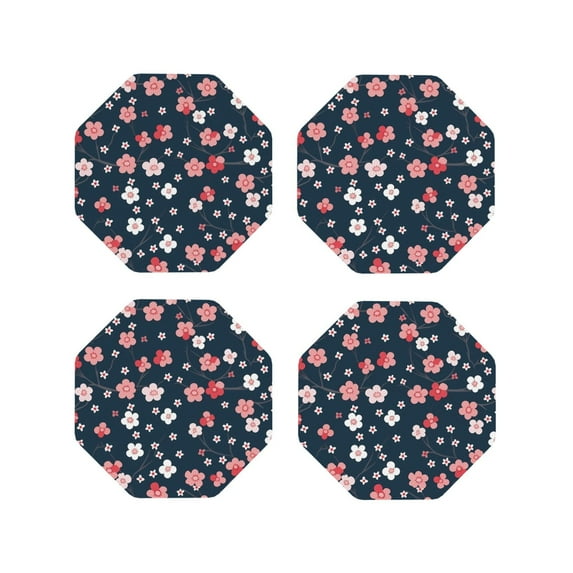 Rateoe Cherry Blossoms Drawing Drink Coasters Set of 4 Leather Coasters Spill Protection for Table Desk,Durable and Non Slip Leather Coaster ,4 Inches Drink Mats-Octagon
