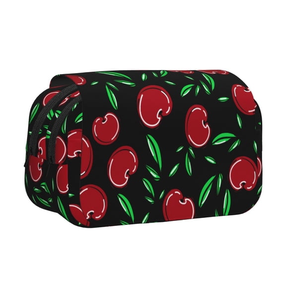 Rateoe Cherry Pattern Double Clamshell Pen Case, Storage Organizer with Two Zipper Compartments– Holds Up to 50 Pencils & Pens