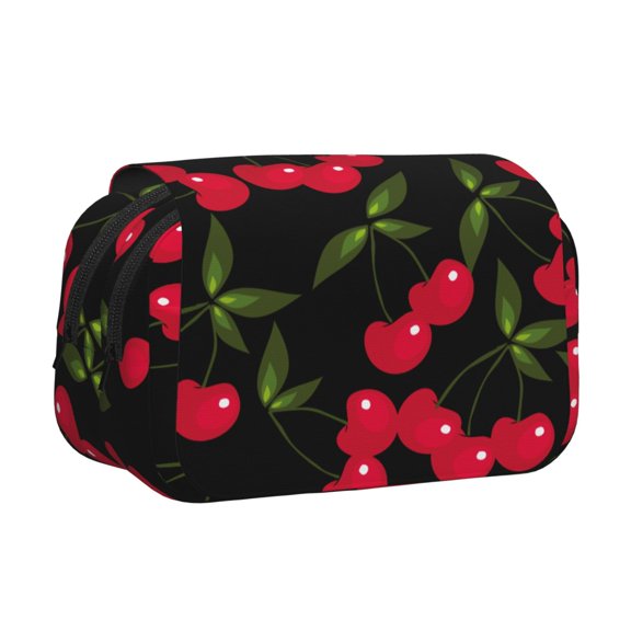Rateoe Cherry Pattern Double Clamshell Pen Case, Storage Organizer with Two Zipper Compartments– Holds Up to 50 Pencils & Pens