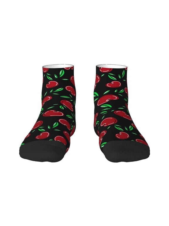 Cherry Pattern Quarter Crew Socks,Toe Seamed Ankle Socks,Cotton Cushioned Breathable Athletic Crew Sports Socks