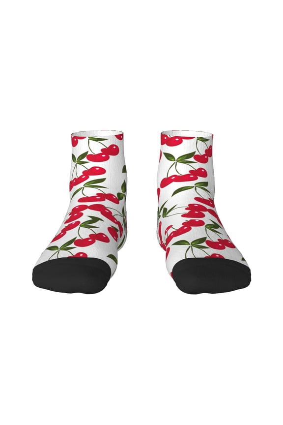 Cherry Pattern Quarter Crew Socks,Toe Seamed Ankle Socks,Cotton Cushioned Breathable Athletic Crew Sports Socks