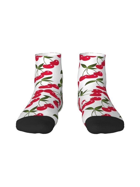 Cherry Pattern Quarter Crew Socks,Toe Seamed Ankle Socks,Cotton Cushioned Breathable Athletic Crew Sports Socks