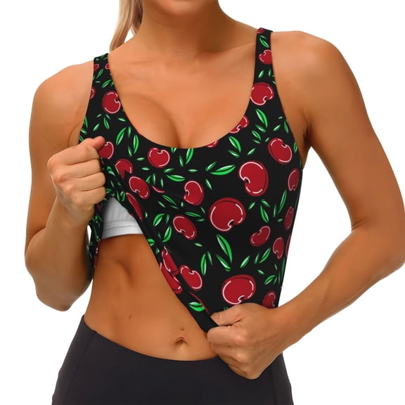 Rateoe Cherry Print Womens' Sports Bras Scoop Neck Sports Vest- Padded U Back Seamless High Impact Support