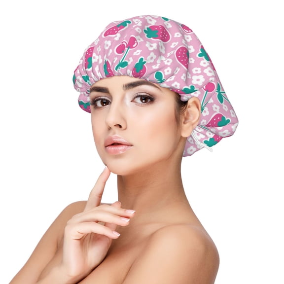 Rateoe Cherry Strawberry Pattern Silk Satin Hair Bonnet for Sleeping, Adjustable Sleep Cap Turban for Women , Curly Straight Hair Long Large Braid
