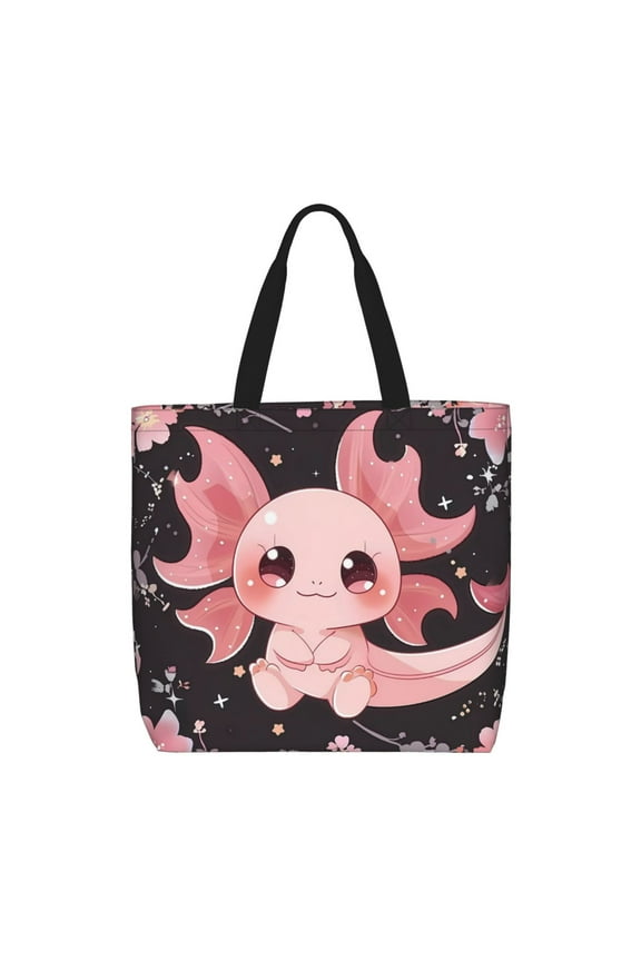 Chibi Axolotl Sakura Fantasy Print Lightweight Tote Bag for Women, Water-Resistant Shoulder Bag with Zipper, Spacious Casual Handbag for Work, School, Shopping