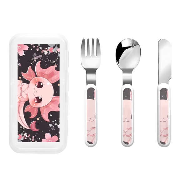 Rateoe Chibi Axolotl Sakura Fantasy for Stainless Steel Kids Silverware Set - Child and Toddler Safe Flatware - Children's Knife, Fork And Spoon Set