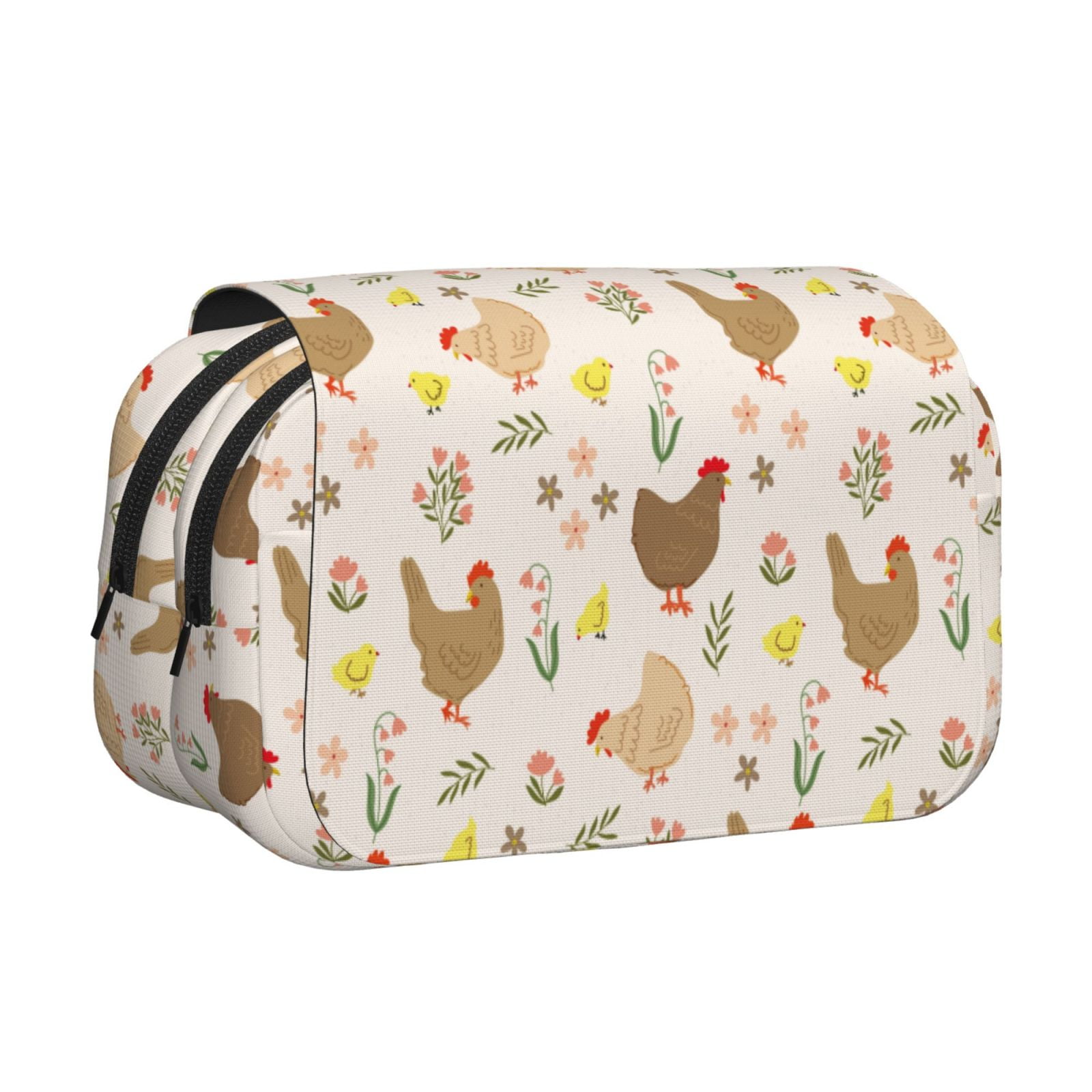 Rateoe Chicken Family Pattern Double Clamshell Pen Case, Storage Organizer with Two Zipper Compartments– Holds Up to 50 Pencils & Pens
