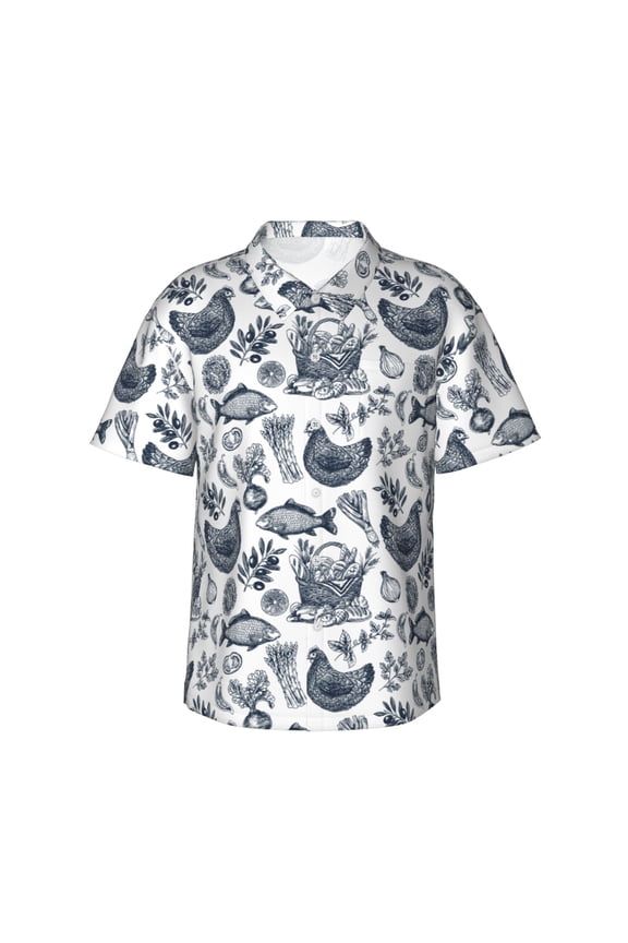 Chicken And Fish Pattern Men’s Hawaiian Shirt – Short Sleeve Button-Down Tropical Beach Shirt, Lightweight & Breathable Casual Aloha Shirt with Pocket,Small