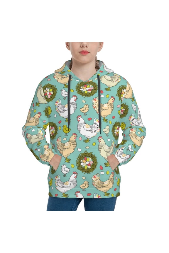 Chicken Laying Eggs Pattern Boys Hoodie, Youth Pullover Hooded Sweatshirt, Kangaroo Pocket Hoodie for Kids-X-Large