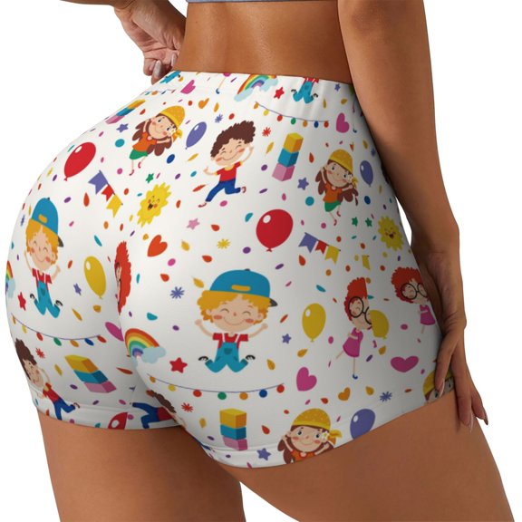 Rateoe Childrens Party Printed Power Workout Shorts for Women Tummy Control Squat Proof Ribbed Thick Seamless Scrunch Active Short-Medium