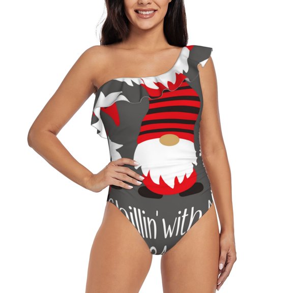 Rateoe Chillin with My Gonme Pattern Women One Piece Swimsuits Tummy Control One Shoulder Bathing Suits Ruffle Swimwear-XX-Large