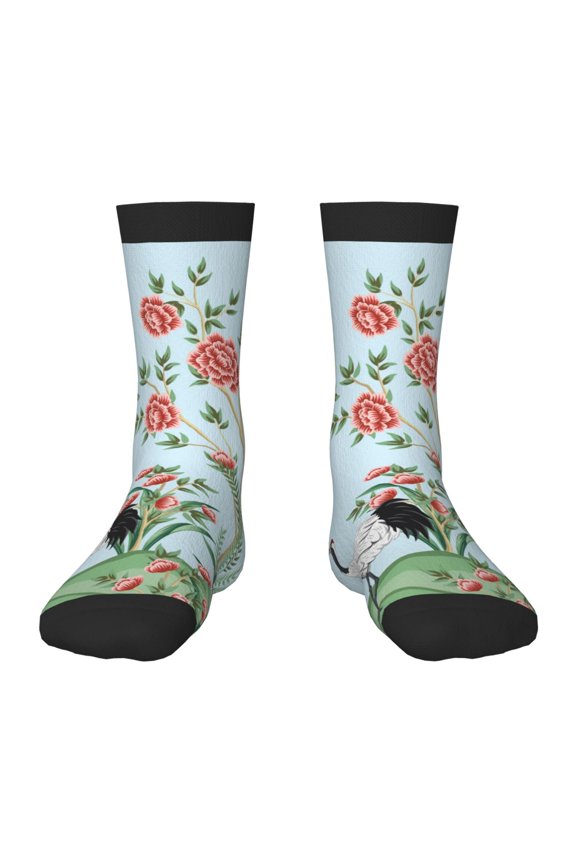 Chinoiserie Floral Palm Tree Pattern Children's Socks, Socks Gifts ,kids Crew Soft Cotton Socks , Moisture-Wicking, Durable, Ideal for Daily Wear & Sports