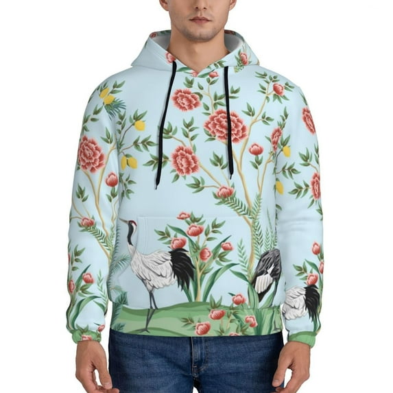 Rateoe Chinoiserie Floral Palm Tree Pattern Mens Hoodie, Pullover Hooded Sweatshirt, Kangaroo Pocket Hoodie Ideal for Daily Wear, Travel and Home-Large