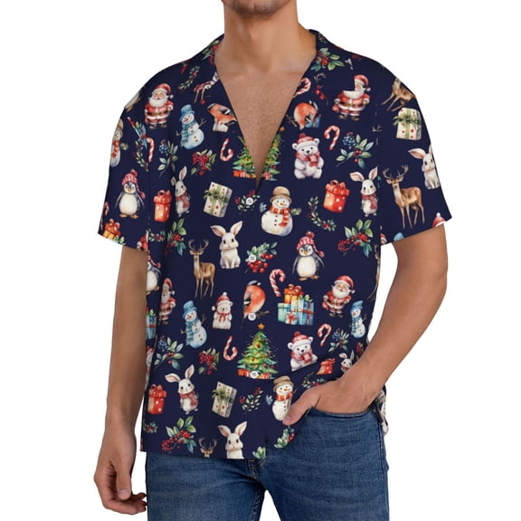 Rateoe Christmas Critters Delight Pattern Men's Short Sleeve Classic Shirt, Casual Short-Sleeved Shirt, Lightweight Summer Shirt, Cuban Collar Shirt,Button-Front Shirt-Small