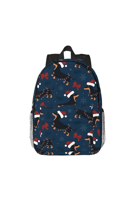 Christmas Dachshund Pattern Student Backpack Water-resistant Backpack 15-inch Laptop Backpack Lightweight Adjustable School Backpack