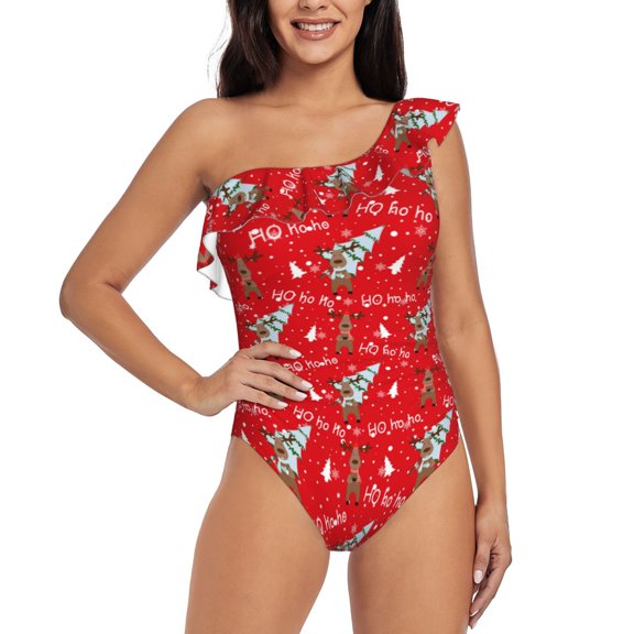 Rateoe Christmas Deer 1 Pattern Women One Piece Swimsuits Tummy Control One Shoulder Bathing Suits Ruffle Swimwear-Small