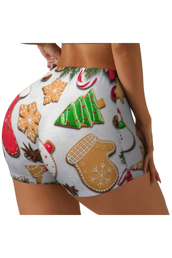 Christmas Gingerbread Cookies Printed Power Workout Shorts for Women Tummy Control Squat Proof Ribbed Thick Seamless Scrunch Active Short-Large