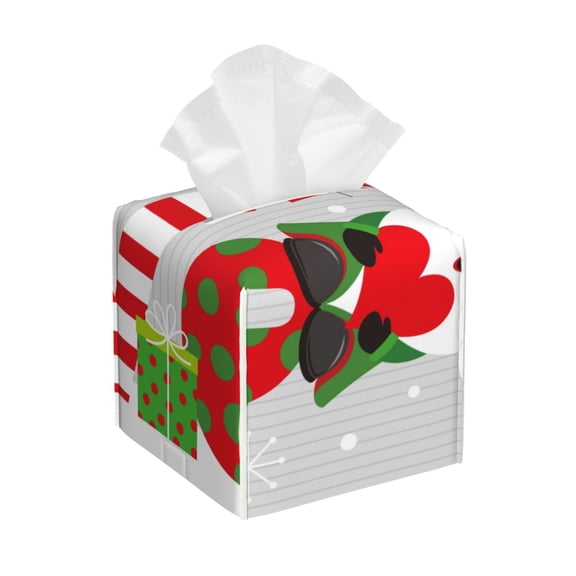 Rateoe Christmas Gnome With Love Pattern Tissue Box Cover, Modern Square Decorative Leather Facial Paper Case Organizer Holder Dispenser 5X5X5''