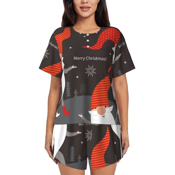 Rateoe Christmas Gnomes In Red Hats Pattern Women's Short-Sleeved Pajama Set - 2 Piece Soft and Lightweight Sleepwear Set-Large