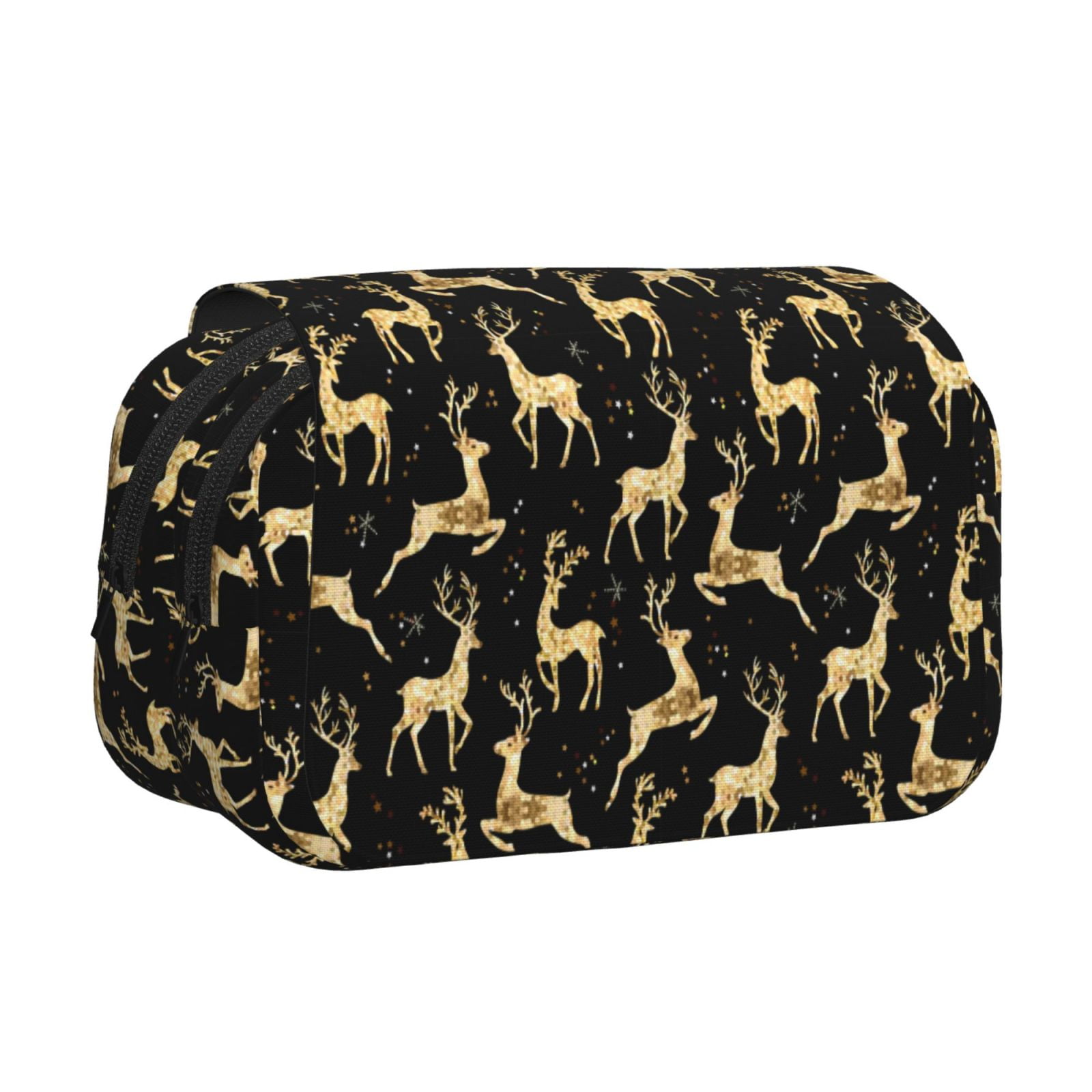 Rateoe Christmas Gold Deers Pattern Double Clamshell Pen Case, Storage Organizer with Two Zipper Compartments– Holds Up to 50 Pencils & Pens