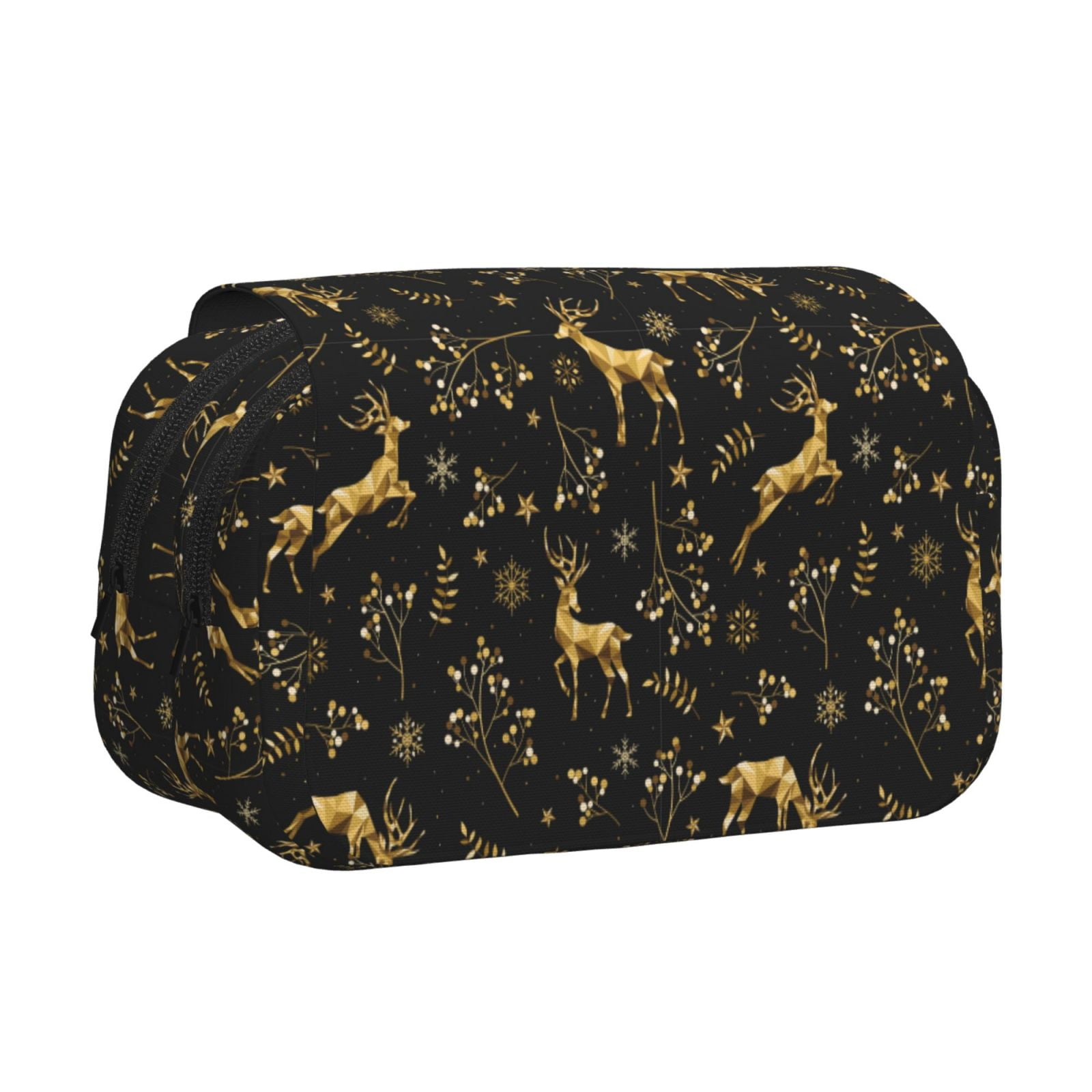 Rateoe Christmas Gold Deers1 Pattern Double Clamshell Pen Case, Storage Organizer with Two Zipper Compartments– Holds Up to 50 Pencils & Pens