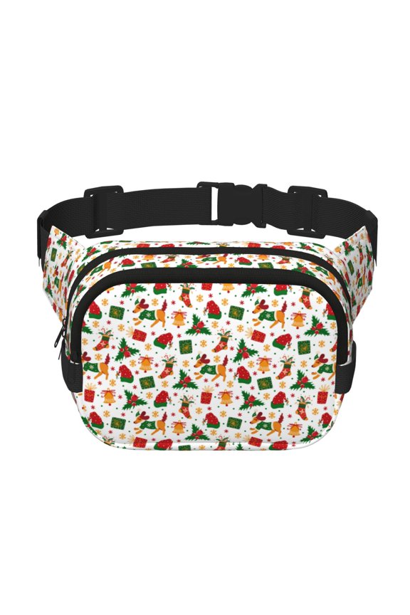 Christmas Hat Cute Puppy Print Fanny Pack Belt Bag for Women and Men, Square Double-Layer Waterproof Waist Pack with Adjustable Strap for Hiking, Jogging, Cycling